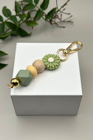 Flower & Wood Bead Keychain