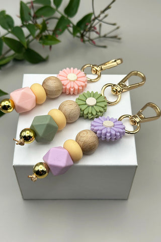 Flower & Wood Bead Keychain